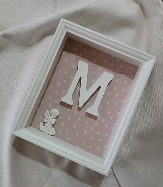 Letra con Ángel de la Guarda rosa estrellitas