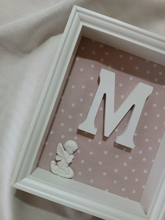 Letra con Ángel de la Guarda rosa estrellitas